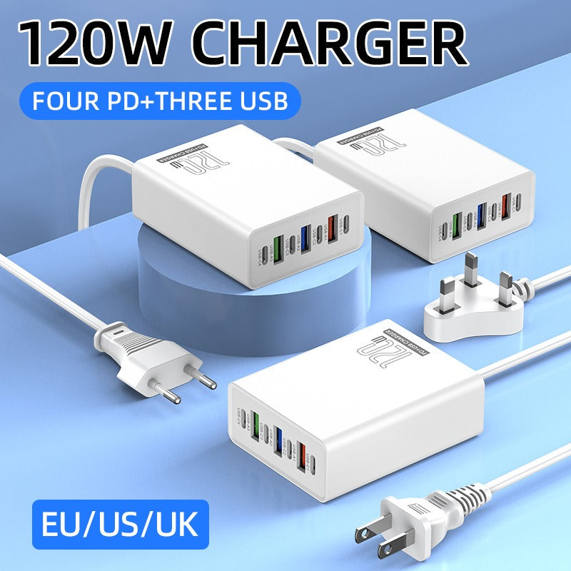 120W Multi-Port 3USB+4PD Fast Charger Hub