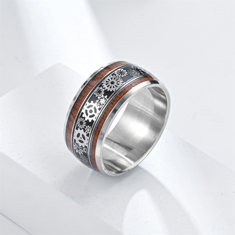 Menโs 10MM Wood Finish Gear Ring