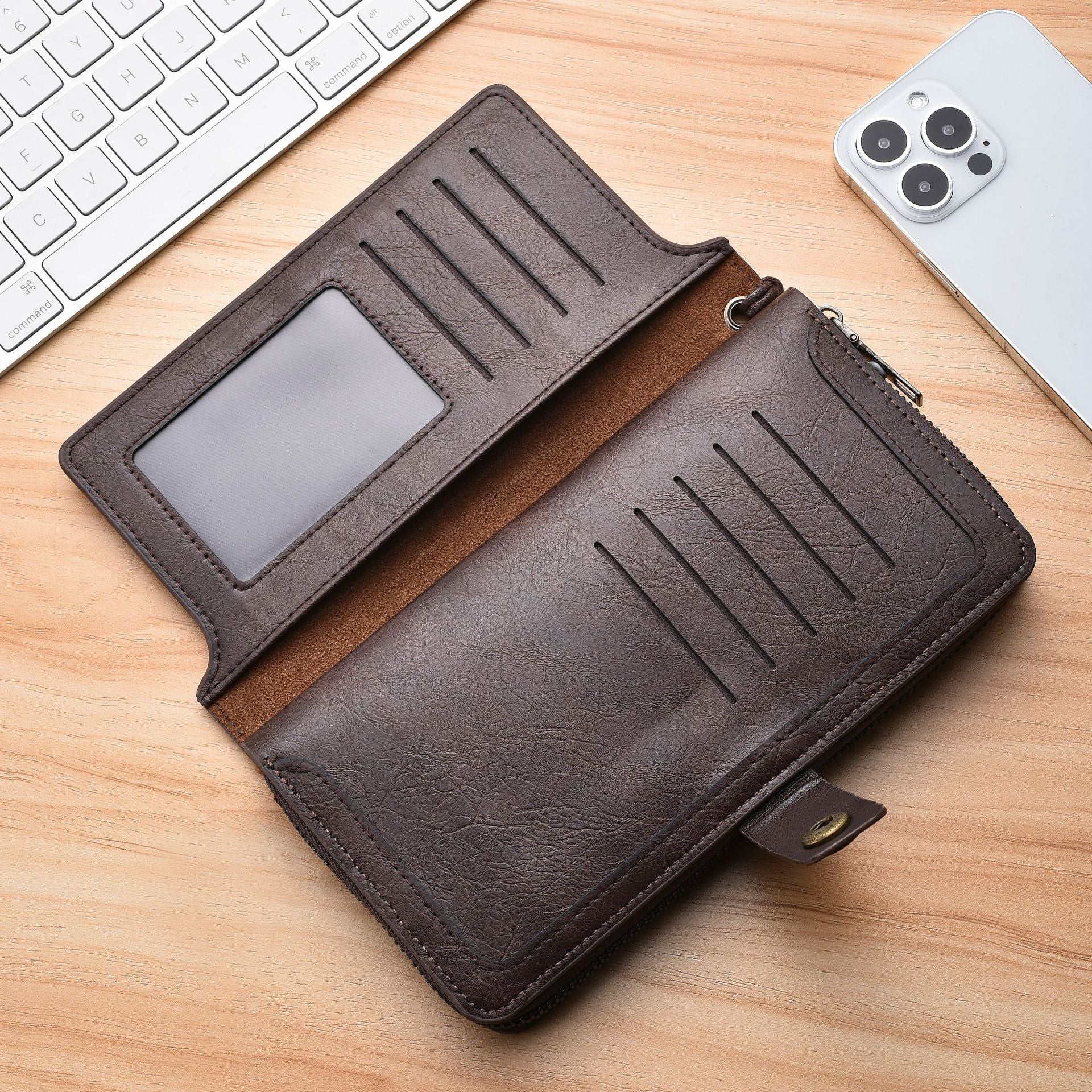 Vintage Star Button Long Leather Wallet