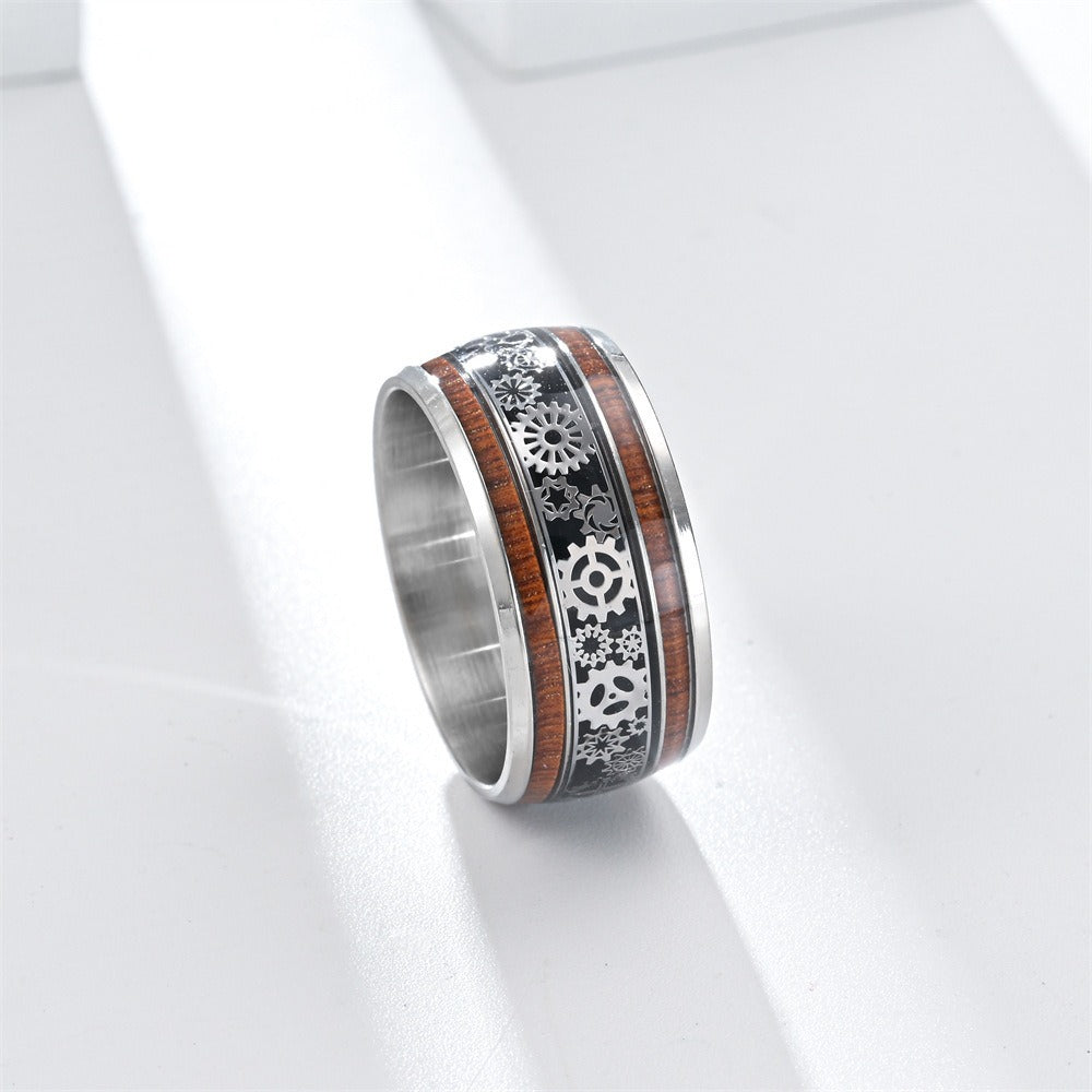 Menโs 10MM Wood Finish Gear Ring
