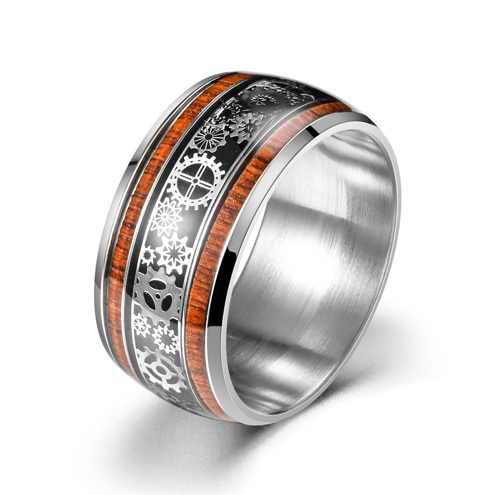 Menโs 10MM Wood Finish Gear Ring