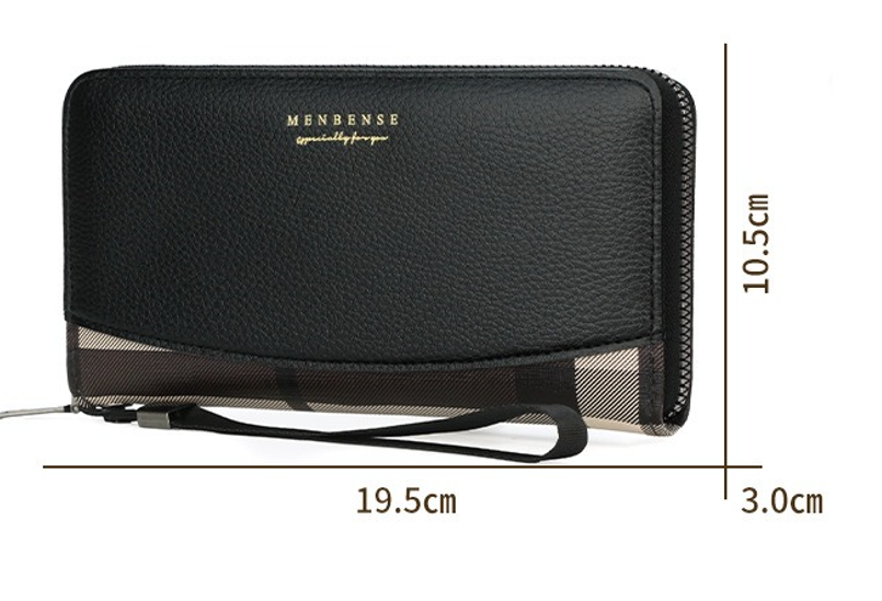 Men's Retro Zipper Wallet with Plaid Stitching