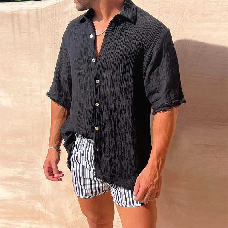 Casual Loose Solid Color Pleated Cotton Linen Shirt