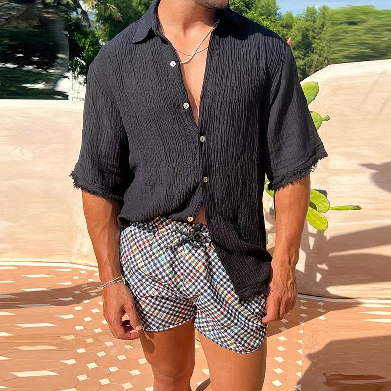 Casual Loose Solid Color Pleated Cotton Linen Shirt