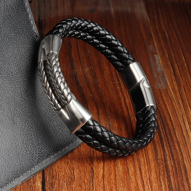 Genuine Leather Double Wrap Steel Bracelet