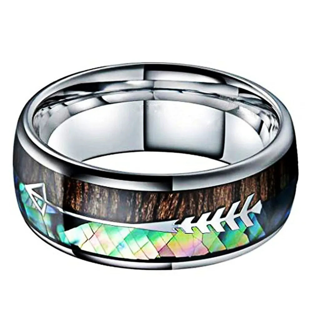 Silver Polished Natural Wood Grain Finger Ring