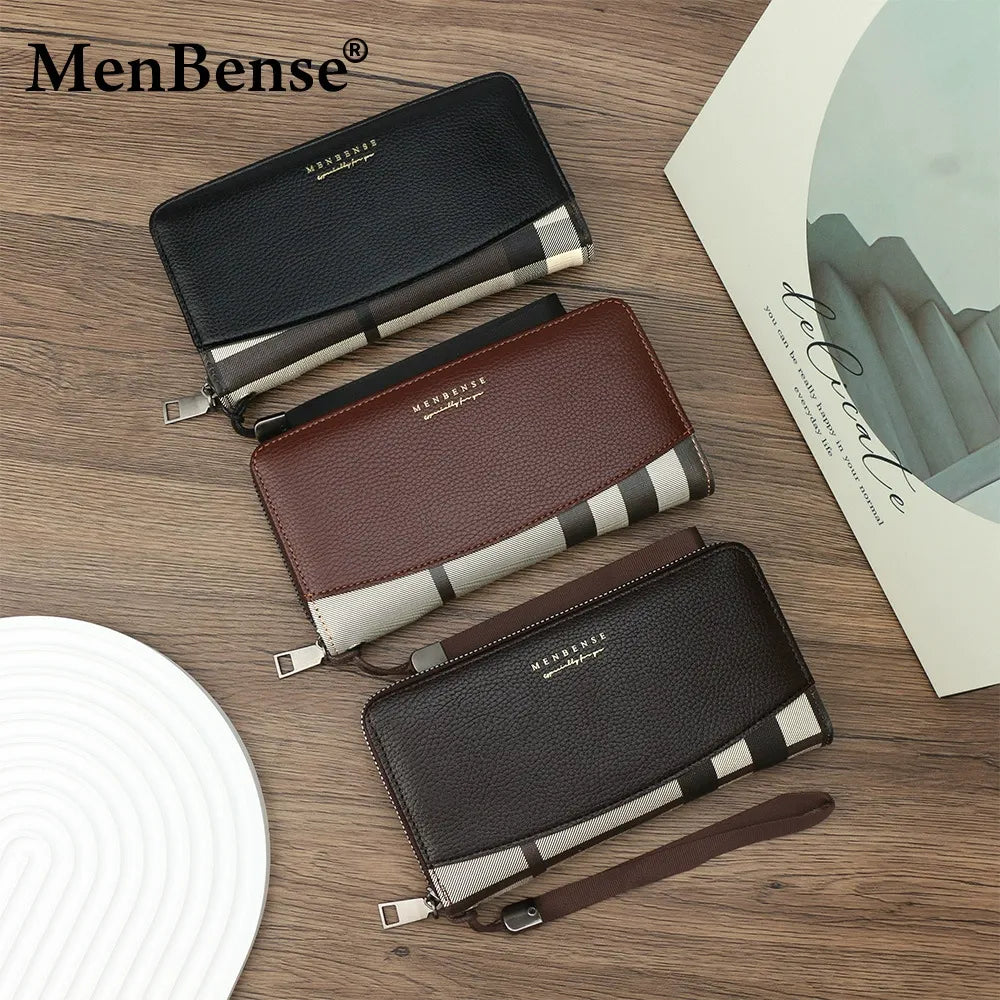 Men's Retro Zipper Wallet with Plaid Stitching