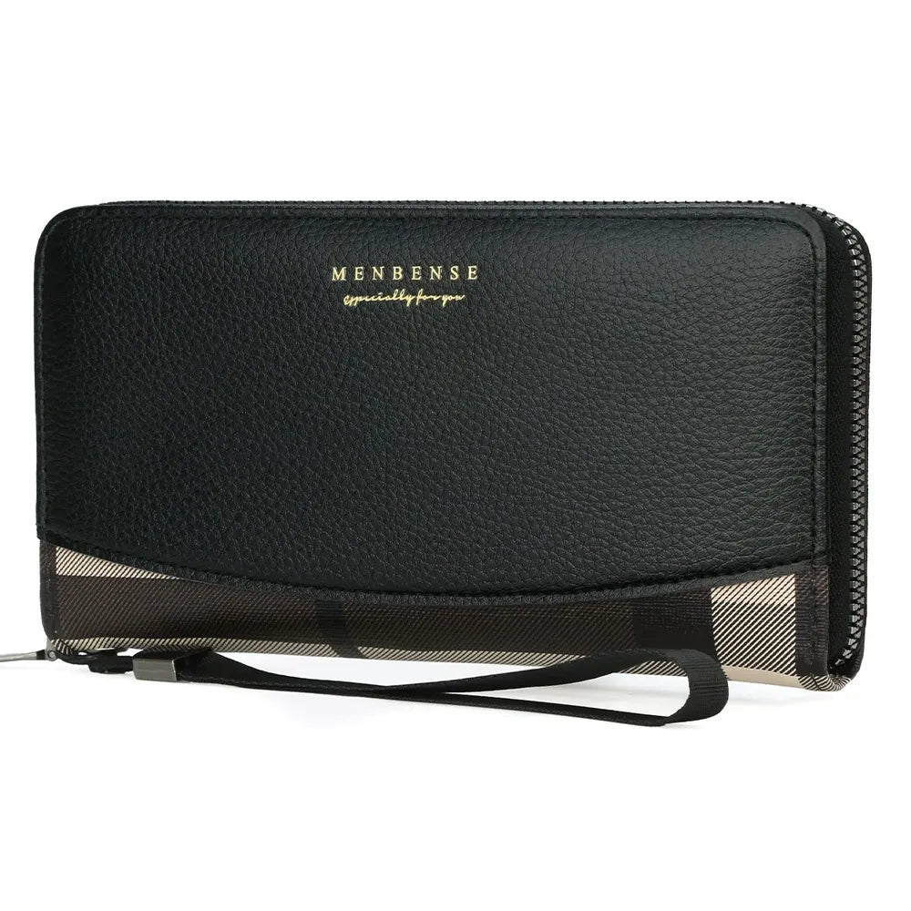 Men's Retro Zipper Wallet with Plaid Stitching