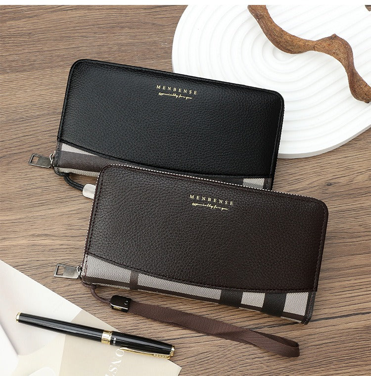 Men's Retro Zipper Wallet with Plaid Stitching