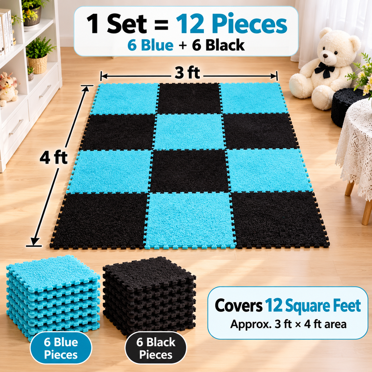 Soft Washable Foam Splicing Tiles Carpet (১২ পিস — ৩ ফুট × ৪ ফুট ঢাকবে)