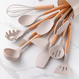 11 Pcs Non-Stick Utensils Wooden Handle Silicon Spoon Brush Set