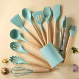 11 Pcs Non-Stick Utensils Wooden Handle Silicon Spoon Brush Set