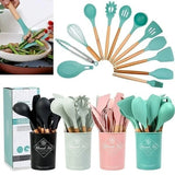 11 Pcs Non-Stick Utensils Wooden Handle Silicon Spoon Brush Set