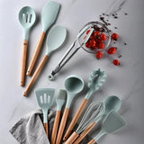 11 Pcs Non-Stick Utensils Wooden Handle Silicon Spoon Brush Set