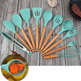 11 Pcs Non-Stick Utensils Wooden Handle Silicon Spoon Brush Set