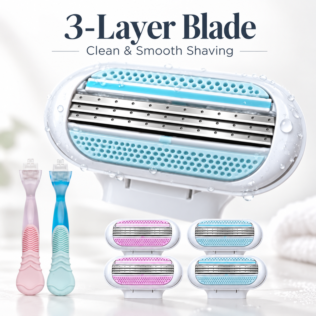 Close-up of 3-layer shaving razor blade head