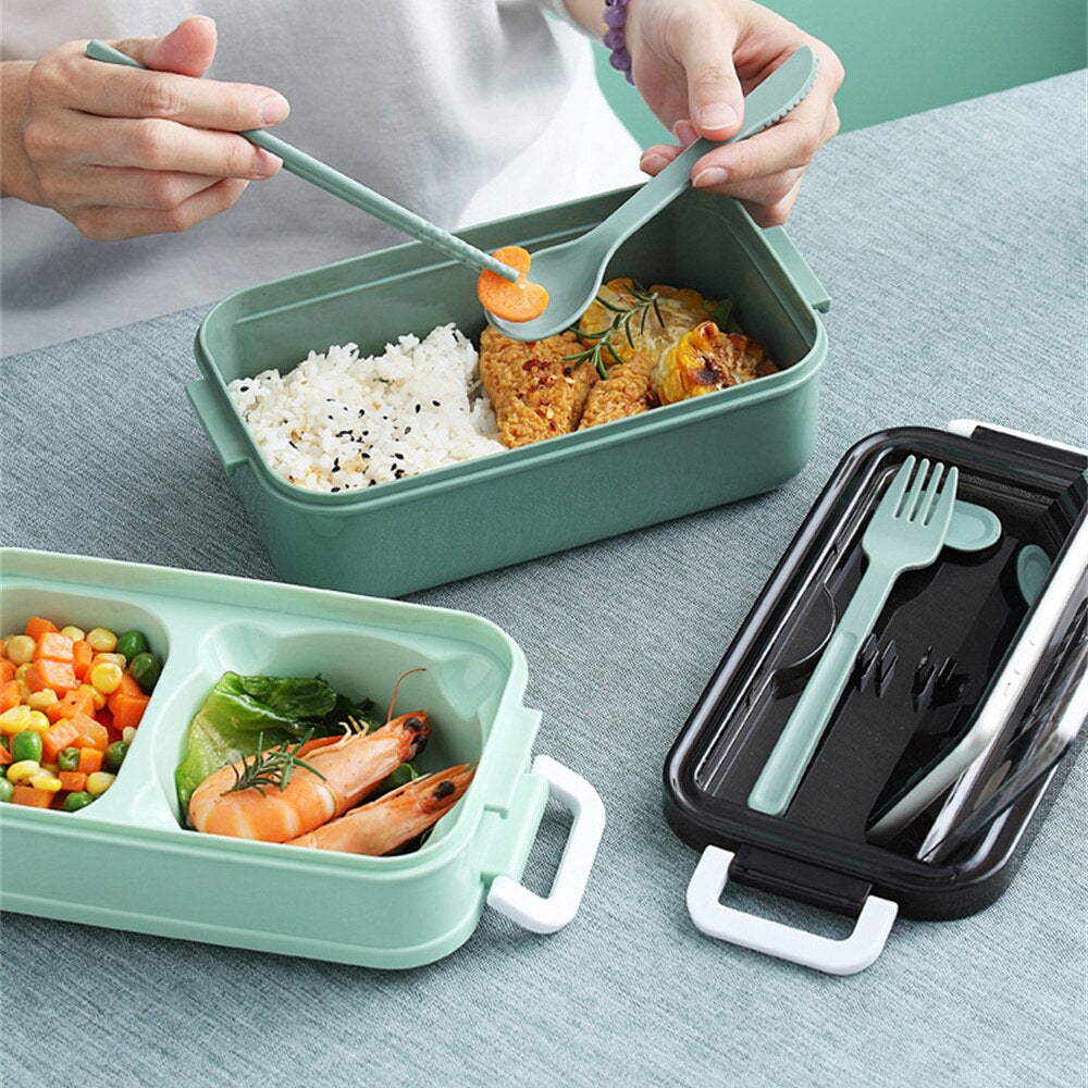 Double-layer Microwave Heating Lunch Box  With Fork Chopsticks And Spoon