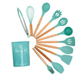 11 Pcs Non-Stick Utensils Wooden Handle Silicon Spoon Brush Set