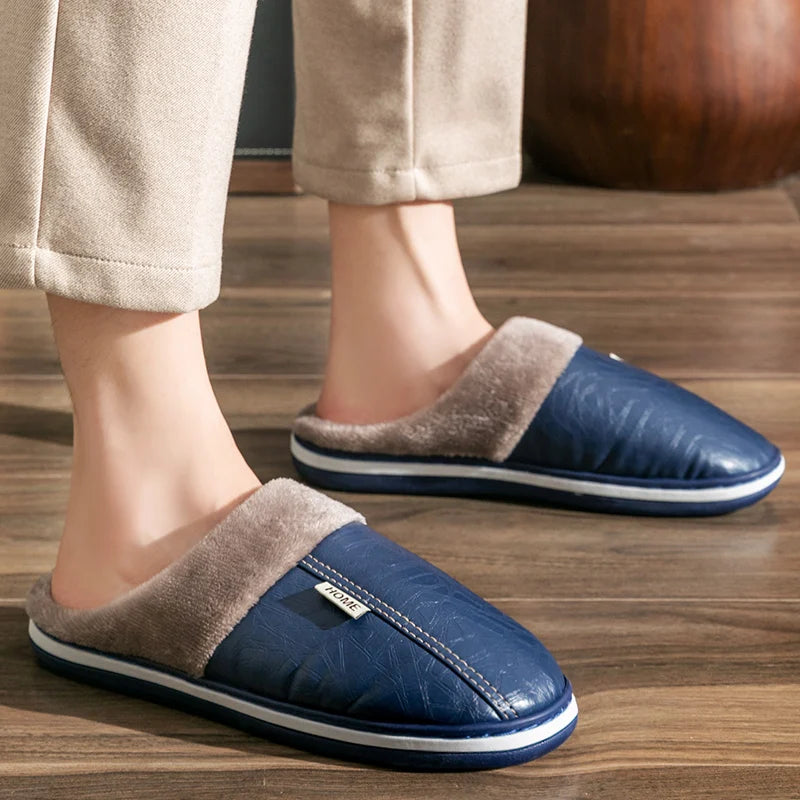 Mens PU Leather Warm Winter House Slippers Navy Blue 40 41