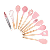 11 Pcs Non-Stick Utensils Wooden Handle Silicon Spoon Brush Set