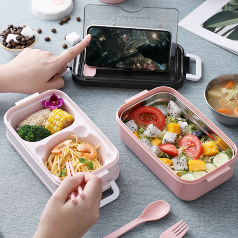 Double-layer Microwave Heating Lunch Box  With Fork Chopsticks And Spoon