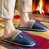 Mens PU Leather Warm Winter House Slippers