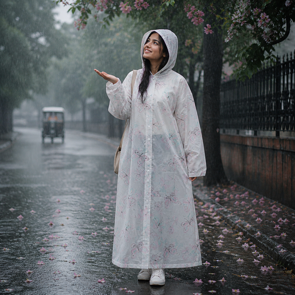 Transparent Floral Print Long Hooded Raincoat