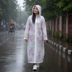 Transparent Floral Print Long Hooded Raincoat