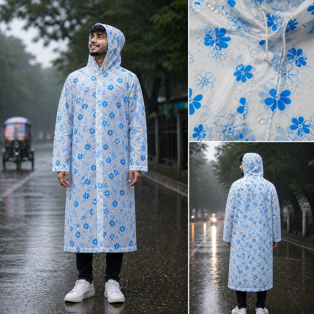 Transparent Floral Print Long Hooded Raincoat