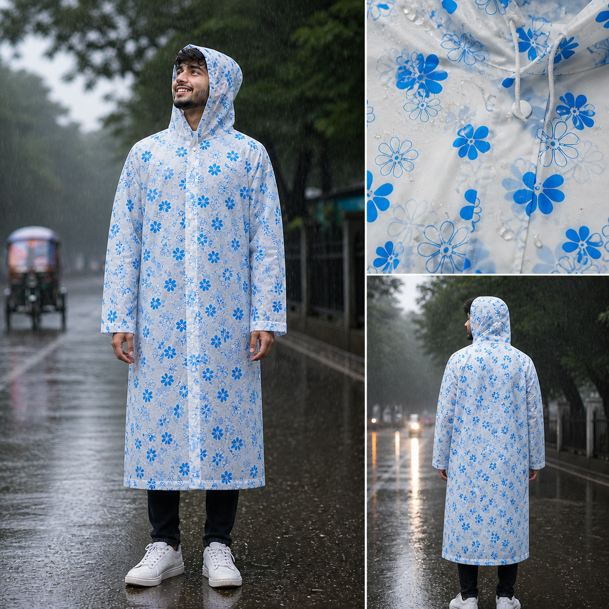 Transparent Floral Print Long Hooded Raincoat
