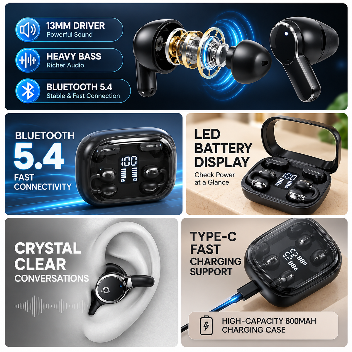 Q10 4-in-1 Bluetooth Earbuds-Dual Wearing Style