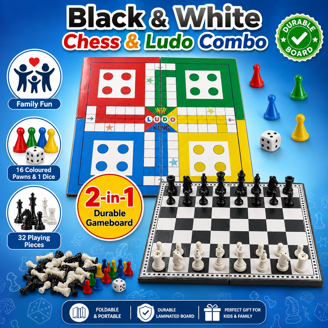 2-in-1 Foldable Chess & Ludo Game Board