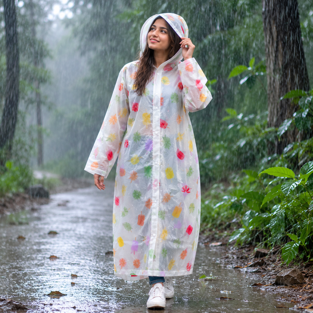 Transparent Floral Print Long Hooded Raincoat