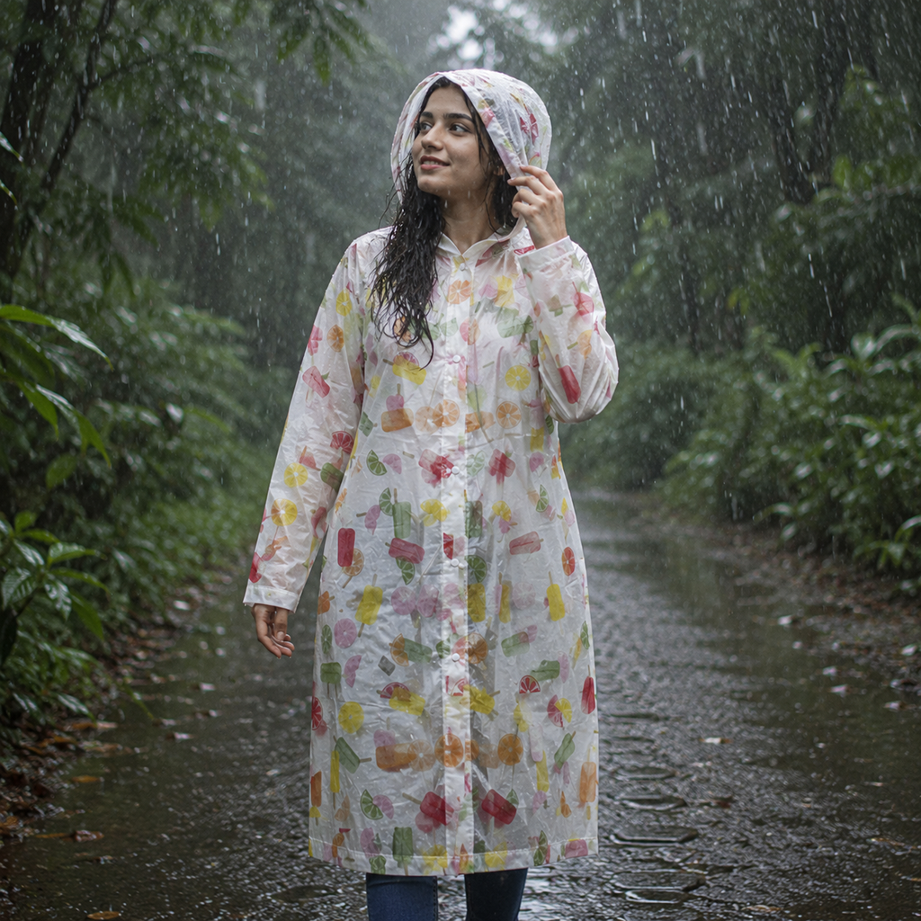 Transparent Floral Print Long Hooded Raincoat
