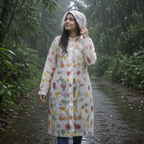 Transparent Floral Print Long Hooded Raincoat