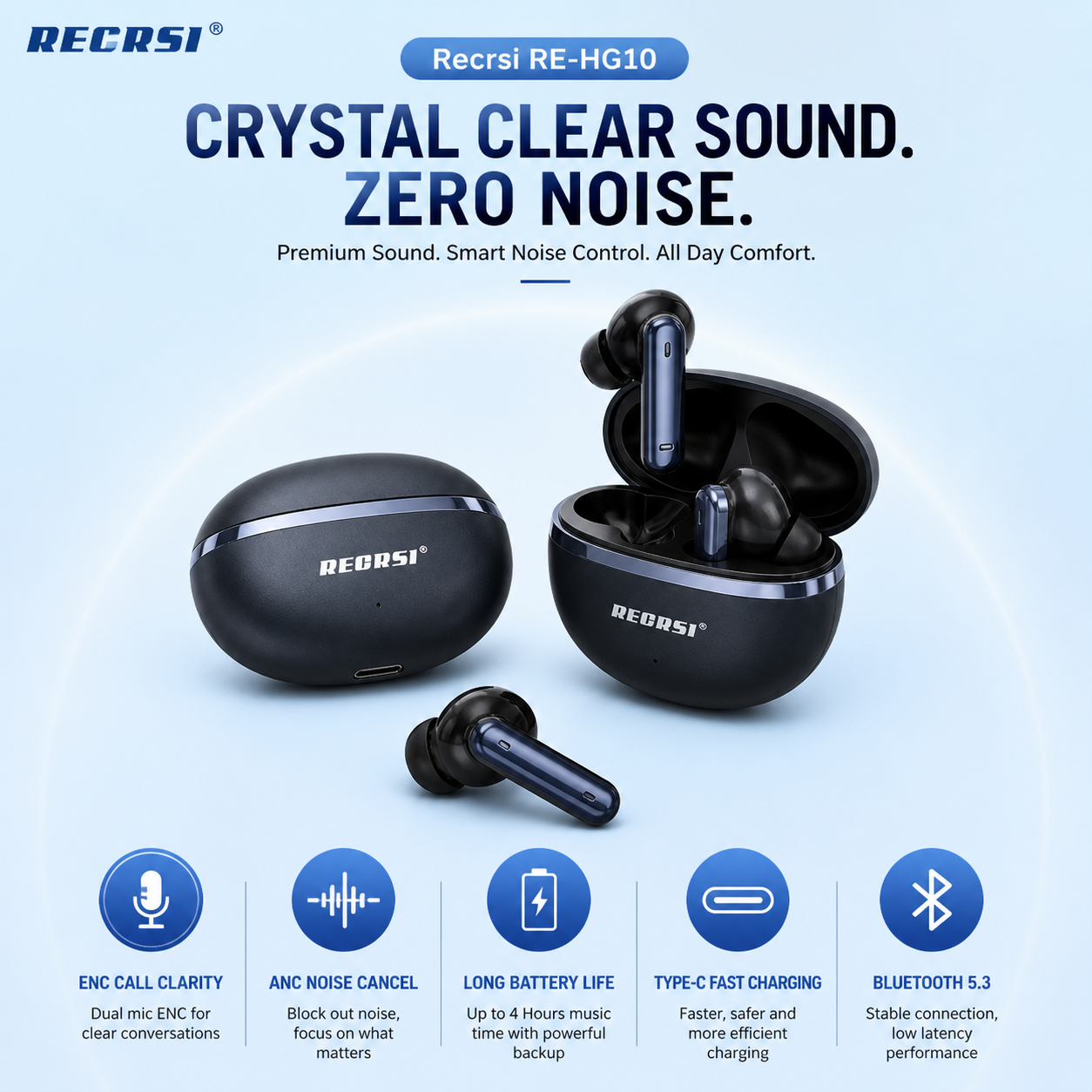 Dual Noise ANC ENC Stereo Earbuds