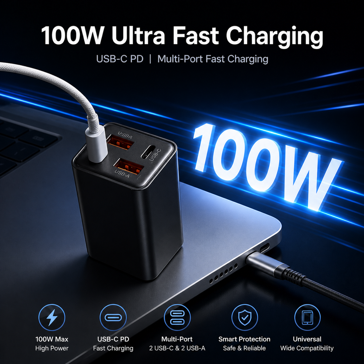 100W Super Fast Charging Multi-Port Adapter & Cable