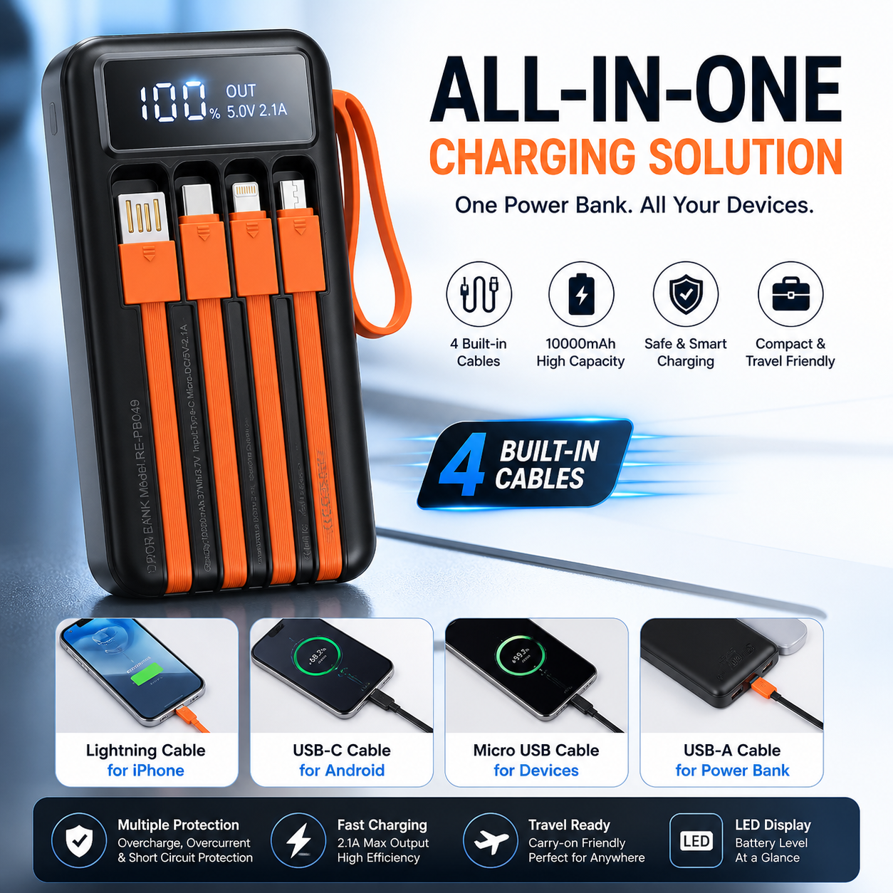 10000mAh Solar LED Multi Cable Power Bank