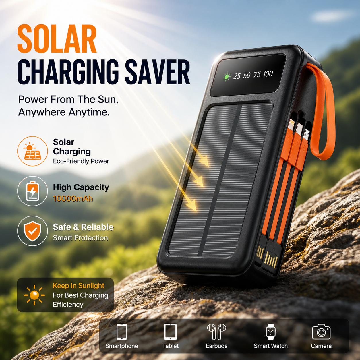 10000mAh Solar LED Multi Cable Power Bank