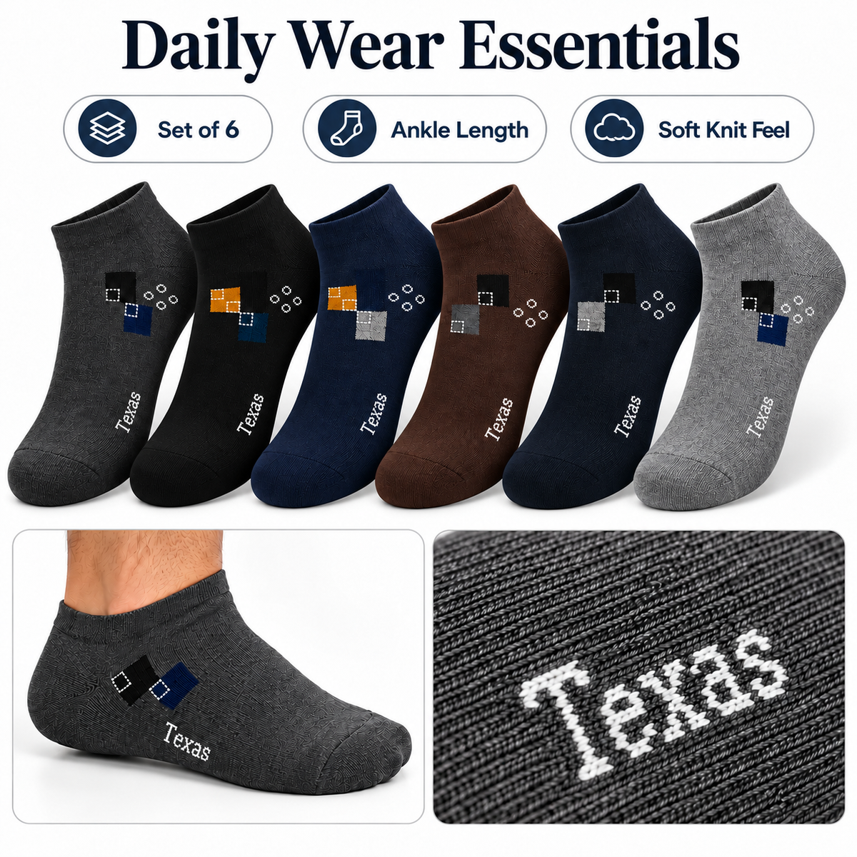 Texas Antimicrobial Breathable Men's Ankle Socks (Set of 6 Pairs)