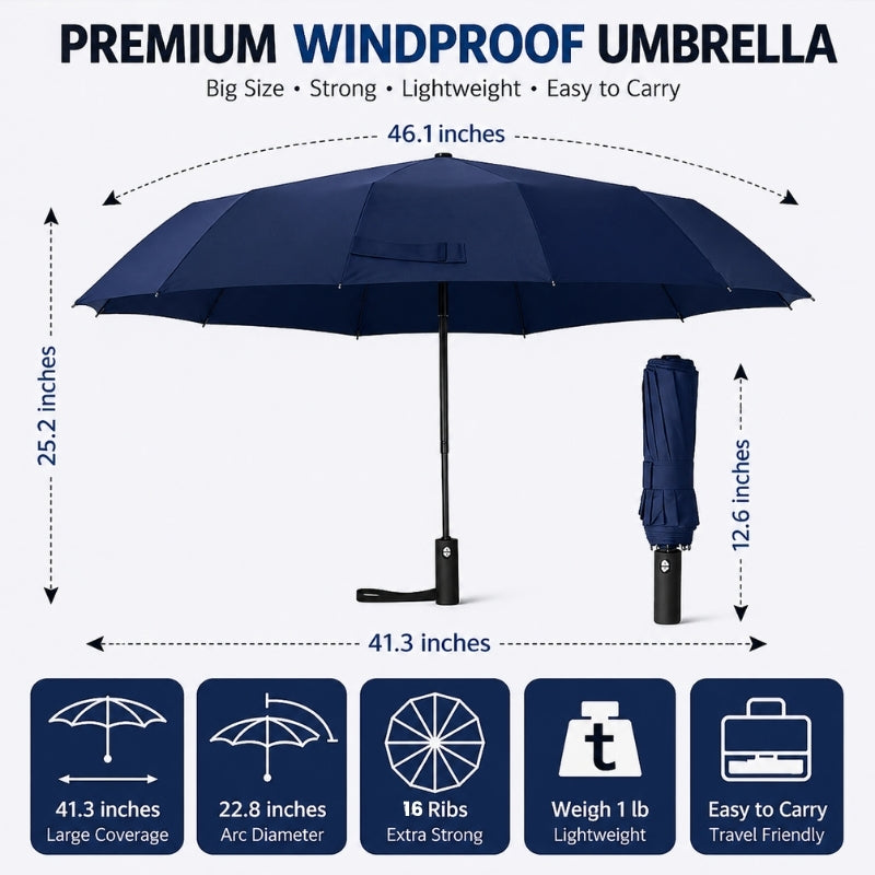 Strong Windproof 16 Ribs Auto Umbrella