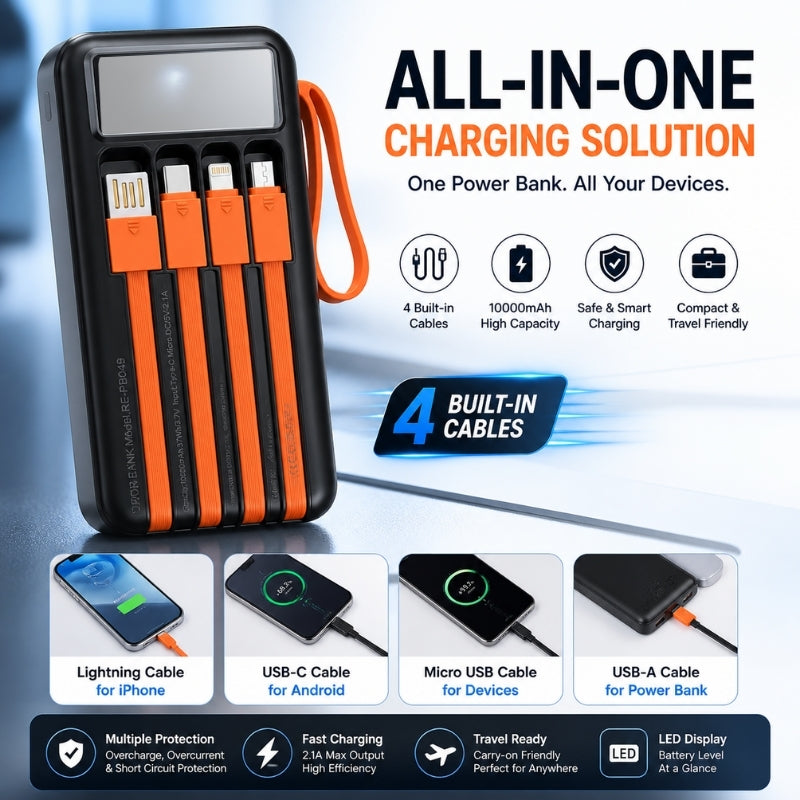 10000mAh Solar LED Multi Cable Power Bank