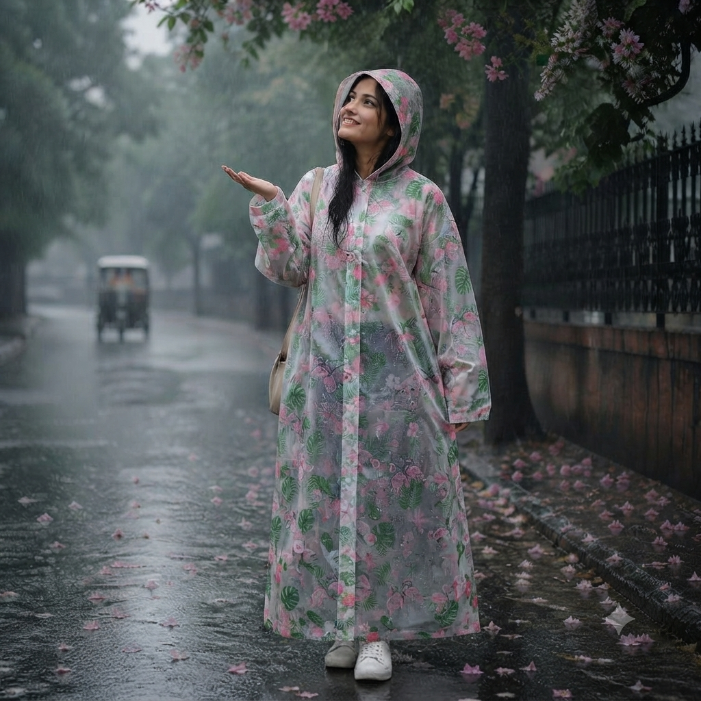Transparent Floral Print Long Hooded Raincoat
