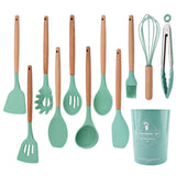 11 Pcs Non-Stick Utensils Wooden Handle Silicon Spoon Brush Set