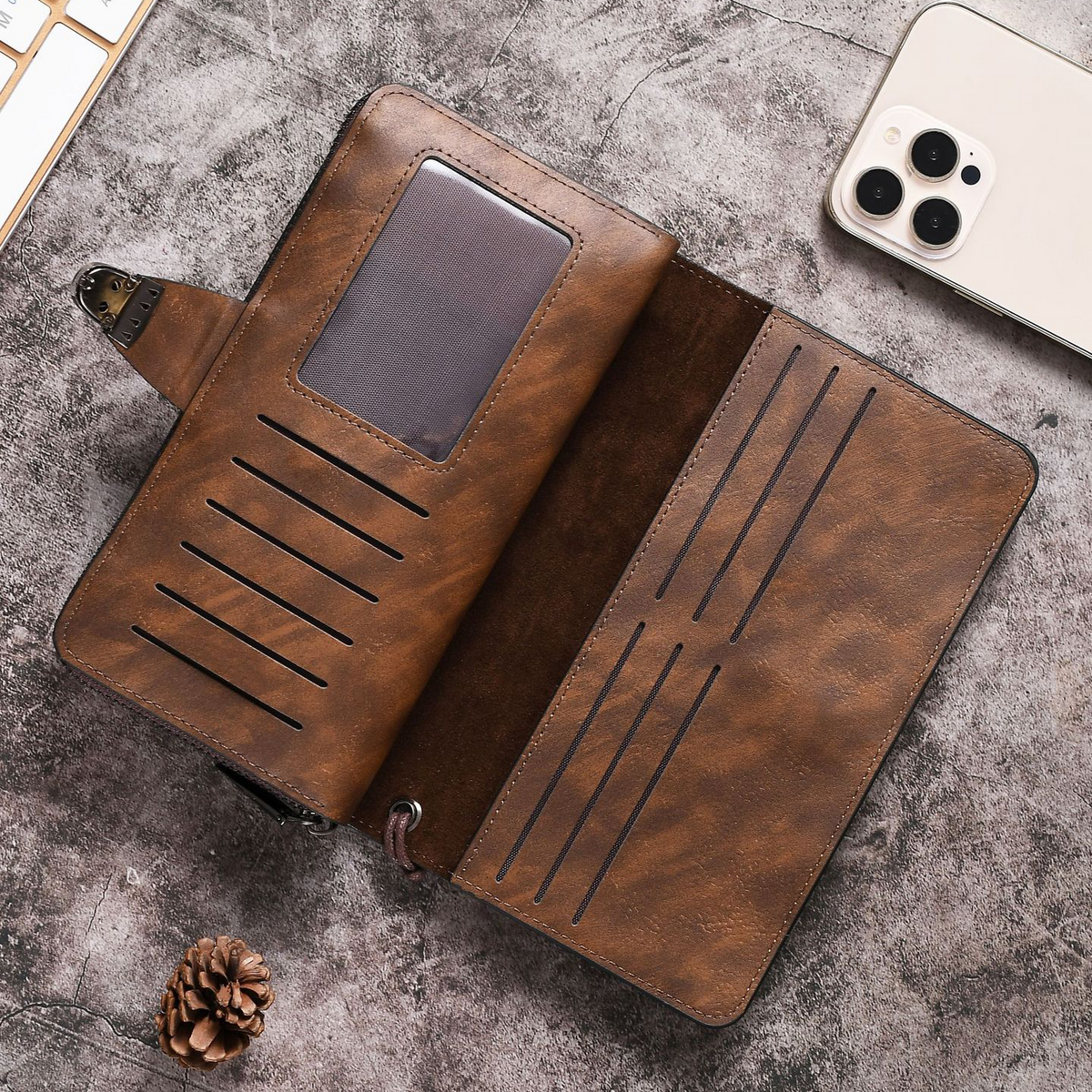 Elegant Brown Strap Lock Travel Wallet