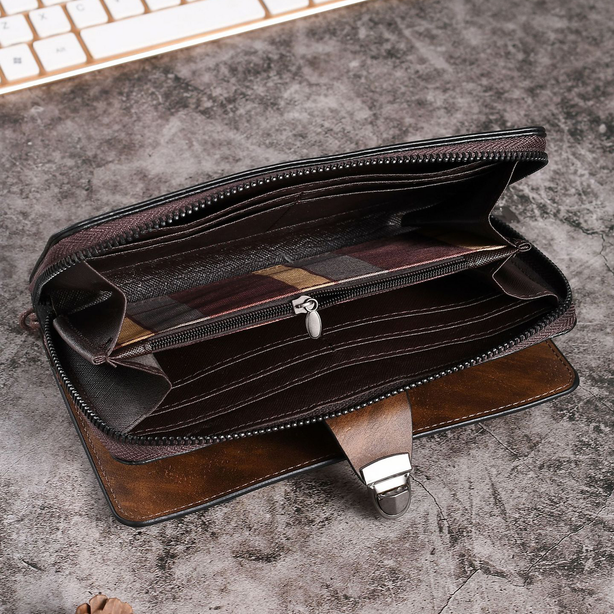 Elegant Brown Strap Lock Travel Wallet