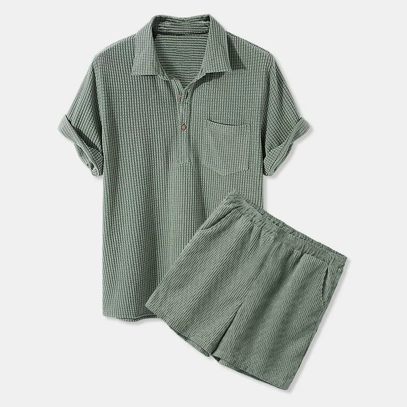 Men's casual loose corn grain plaid fabric beach two-piece set