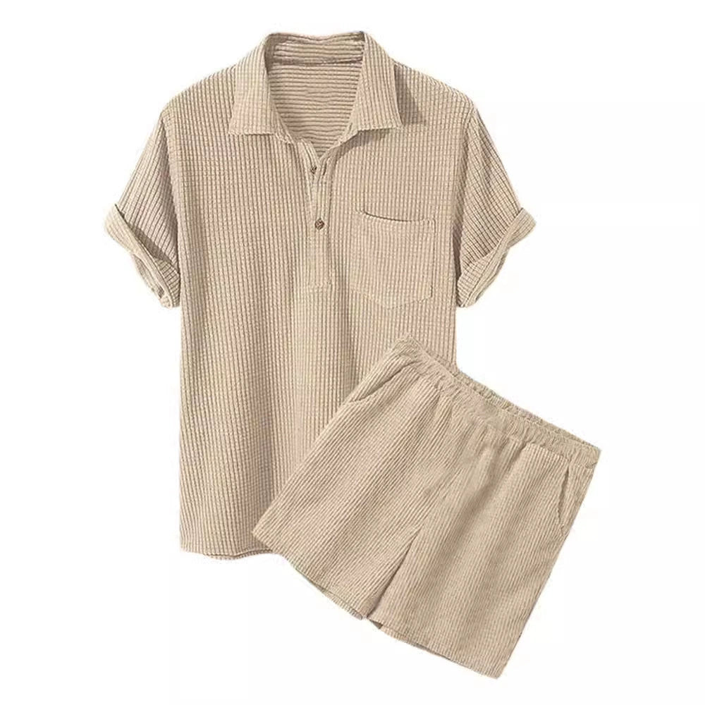 Men's casual loose corn grain plaid fabric beach two-piece set