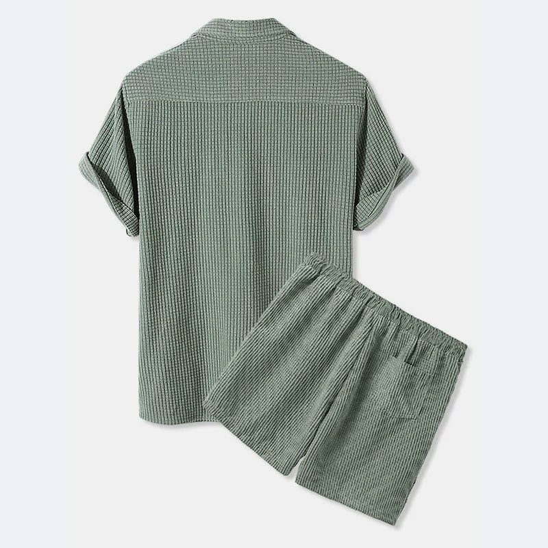 Men's casual loose corn grain plaid fabric beach two-piece set