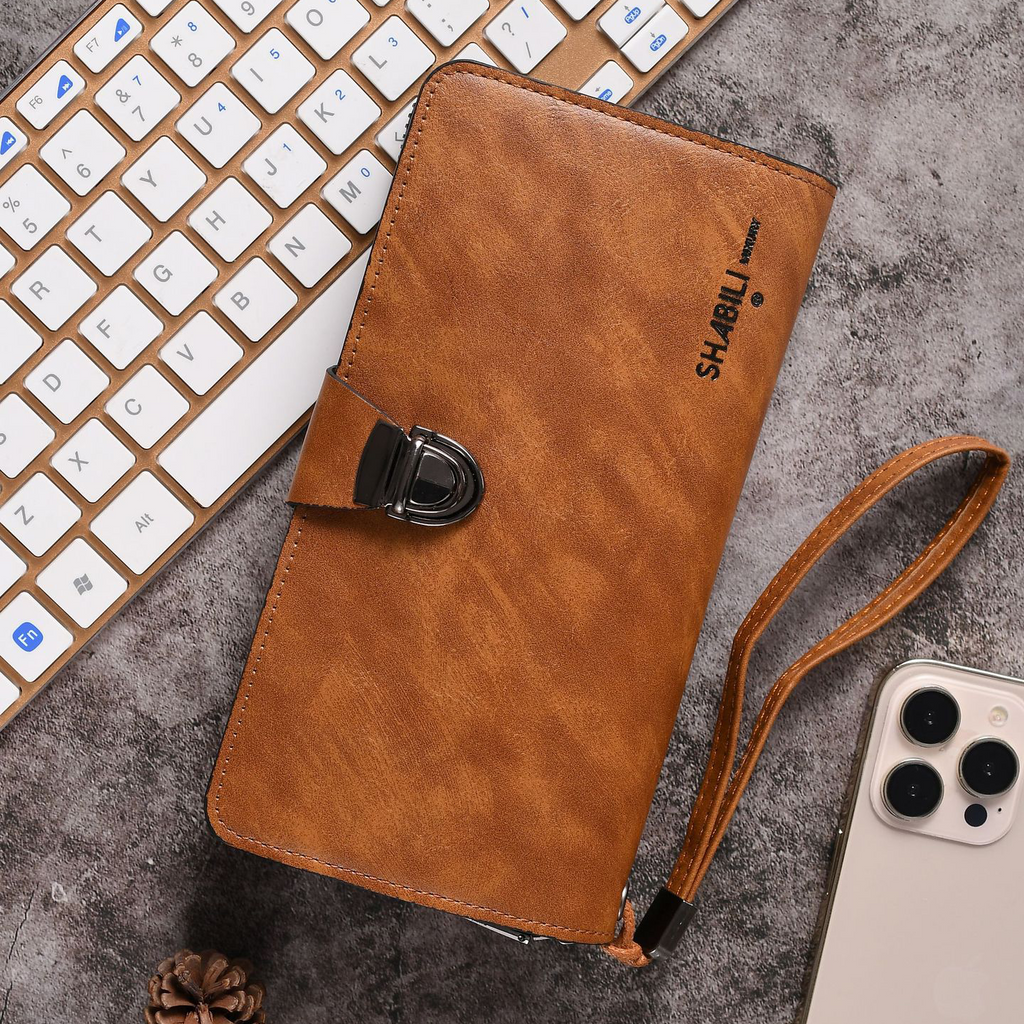 Elegant Brown Strap Lock Travel Wallet
